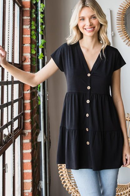 Buttoned V-Neck Tiered Top