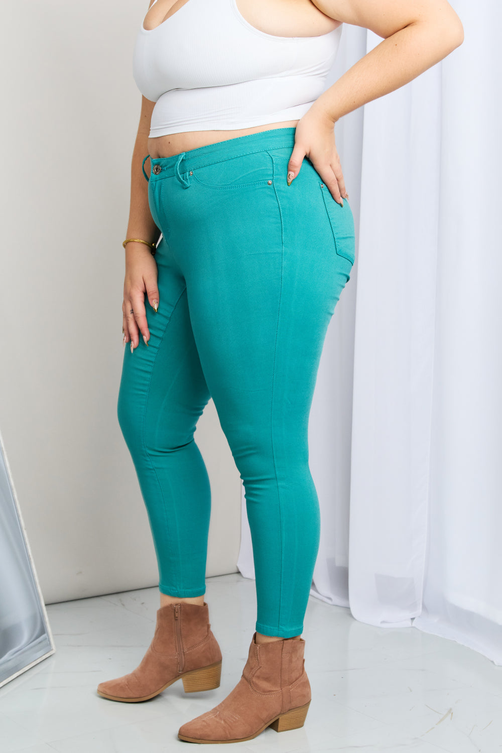 Kate Hyper-Stretch Full Size Mid-Rise Skinny Jeans in Sea Green