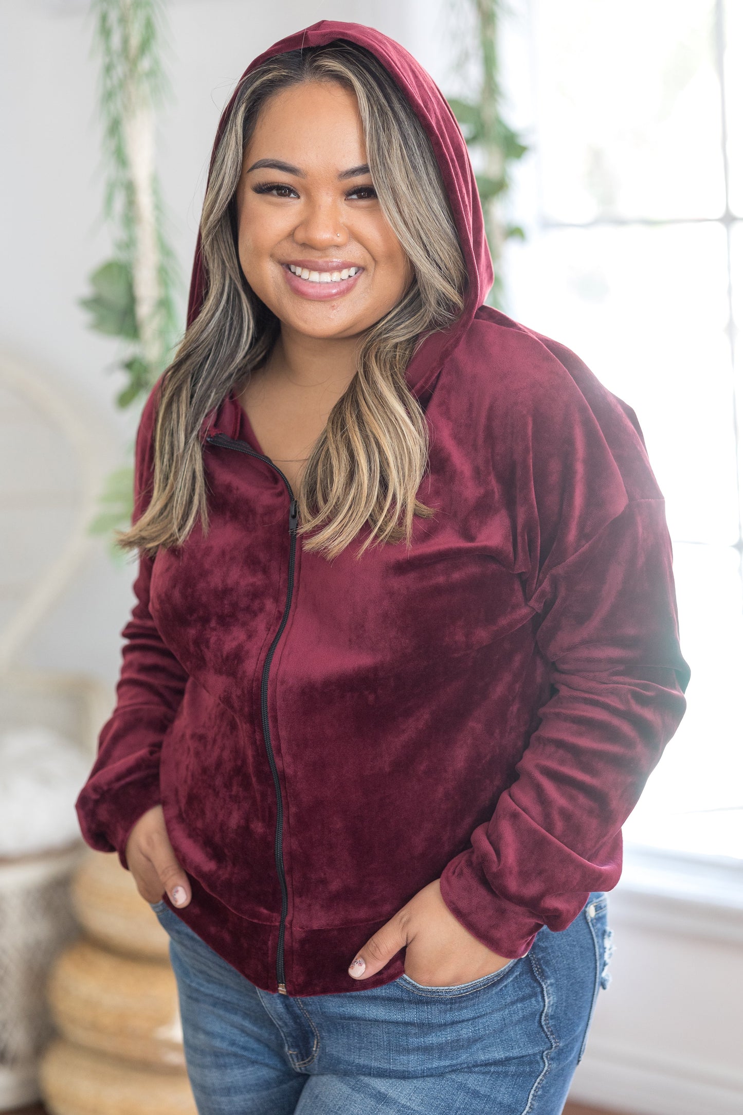 Wine & Velvet Hooded Zip Up