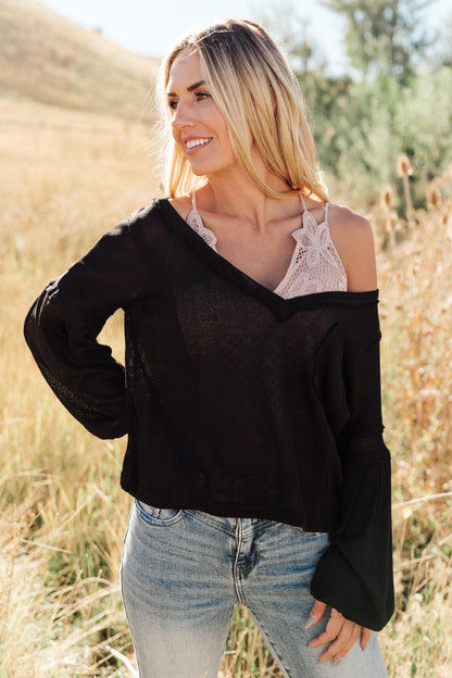 Bellissimo Draped V-Neck Sweater in Black