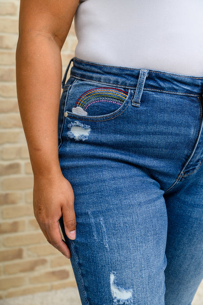 Hi-Rise Rainbow Embroidery Cropped Straight Leg Jeans