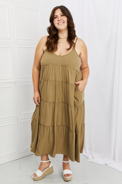 Spaghetti Strap Tiered Dress with Pockets in Khaki