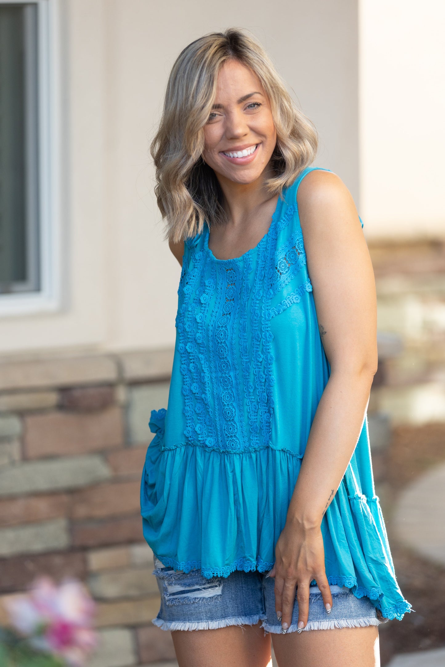 Aquatic Sleeveless Eyelet Lace Top