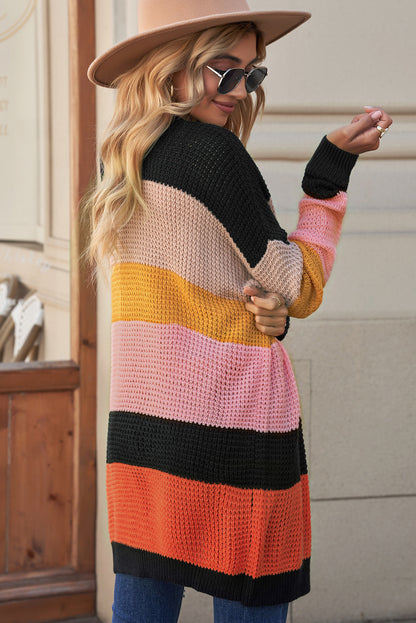 Striped Waffle Knit Open Front Cardigan