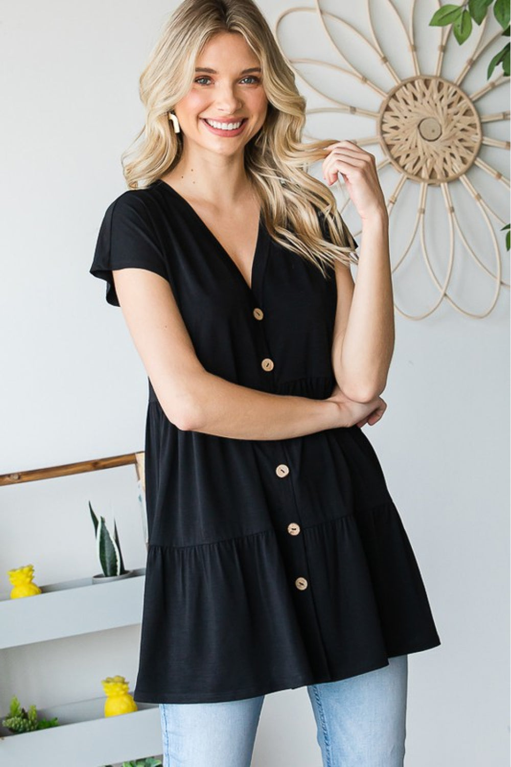 Buttoned V-Neck Tiered Top