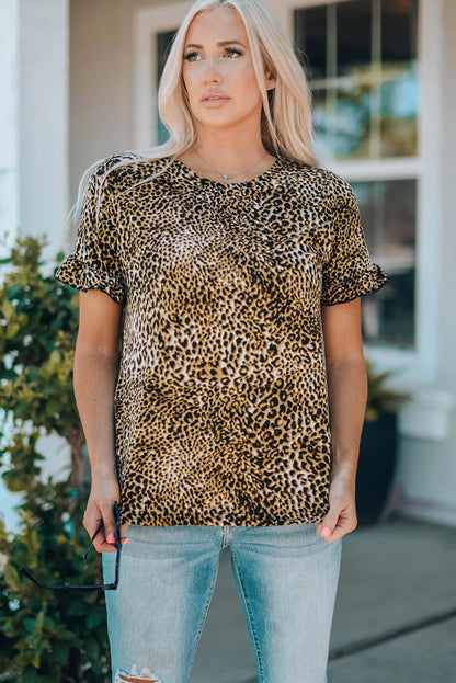 Women Leopard Short Flounce Sleeve Tee